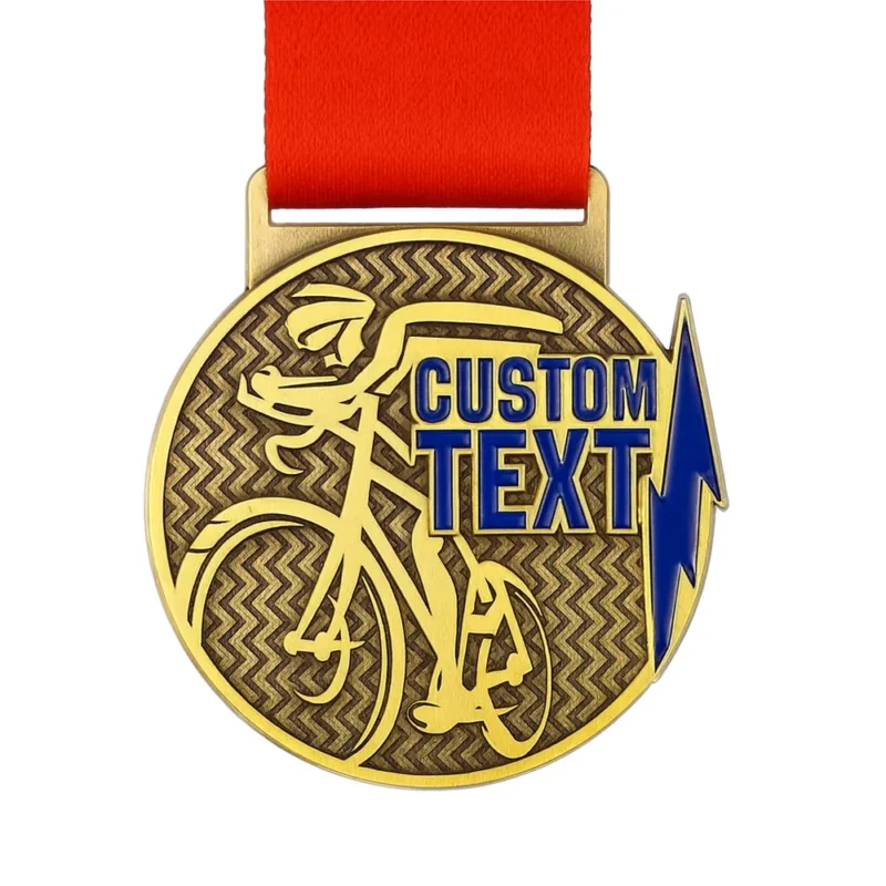 Custom text gold medal with a red ribbon, designed for cycling achievements.
