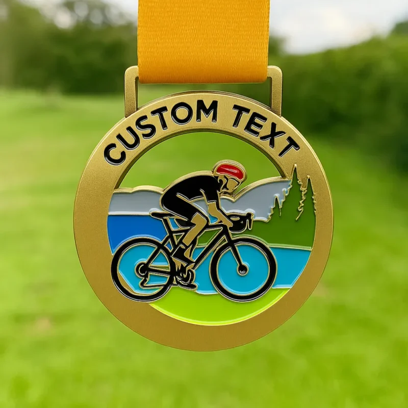 A gold cycling medal featuring the text "custom text" engraved on its surface.