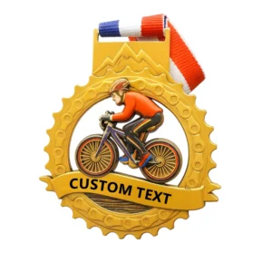 Medal featuring a cyclist riding a bike, representing achievement in cycling events.