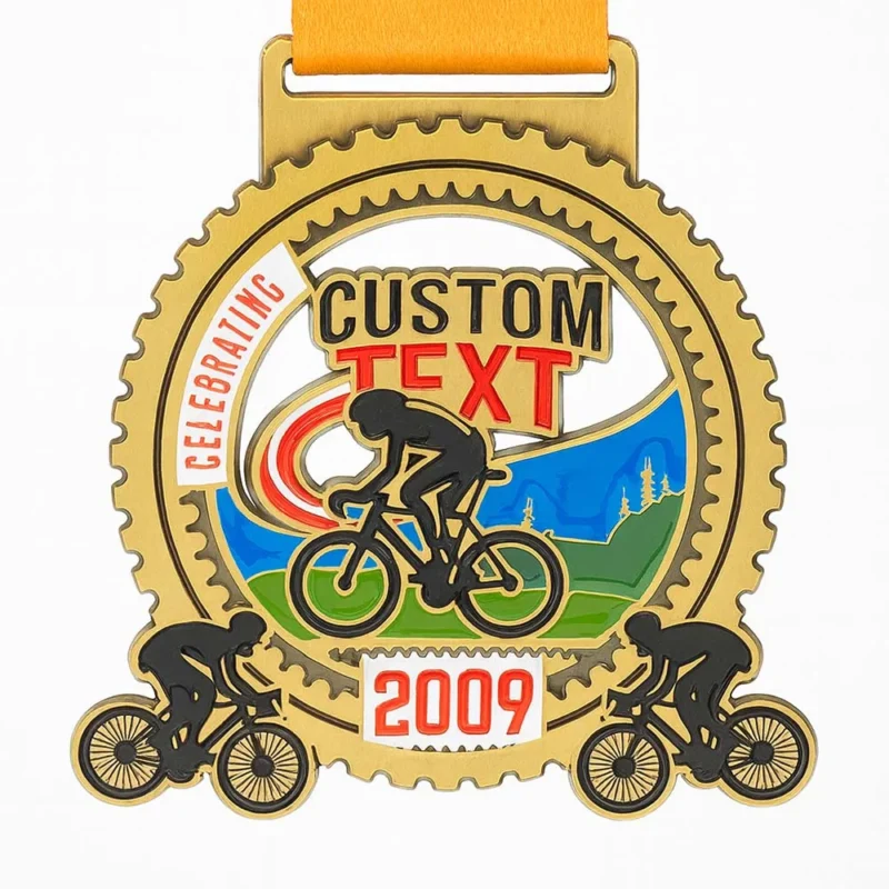 A cycling medal featuring the words "custom text 2009" engraved on its surface.