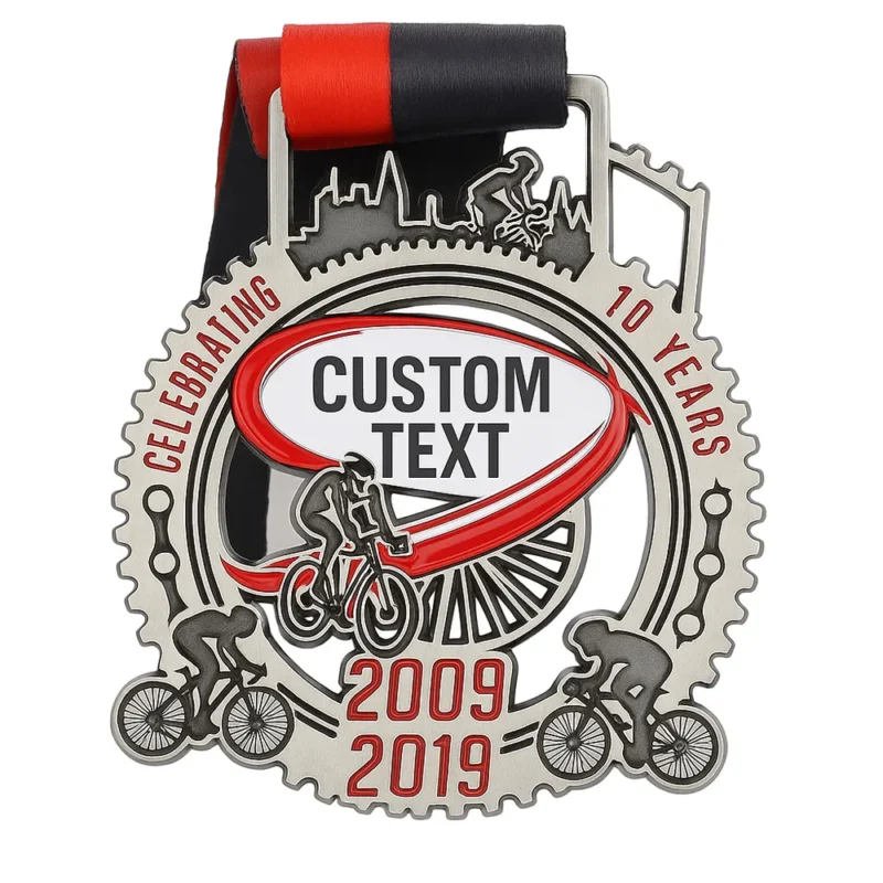 Custom cycling medal featuring personalized text, showcasing a unique design for award recognition.
