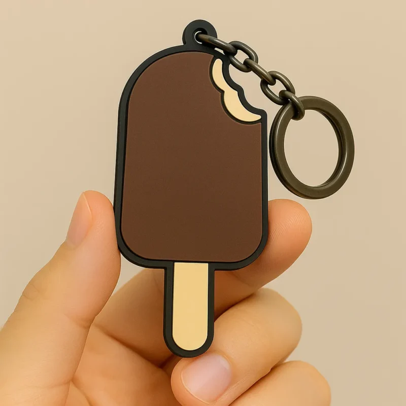A close-up of a person holding a fun keychain shaped like a popsicle, featuring bright colors and a playful design.