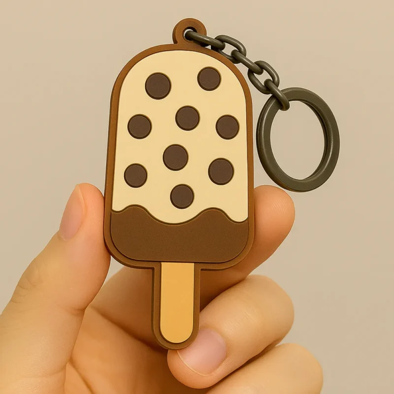 A hand holds a colorful ice cream popsicle keychain, showcasing its fun design and vibrant colors.