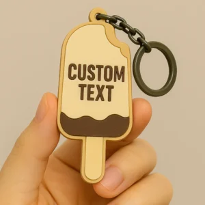Custom text ice cream keychain featuring a colorful ice cream cone design.