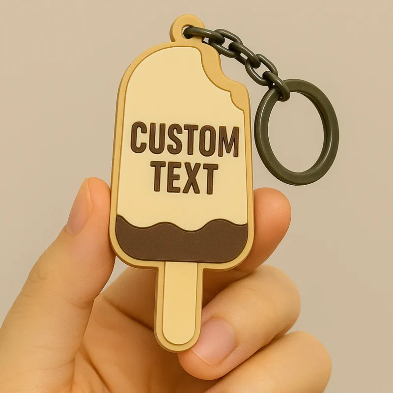 Custom text ice cream keychain featuring a colorful ice cream cone design.