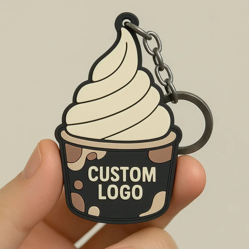 A person holds a keychain shaped like a cup of ice cream, showcasing a colorful and playful design.