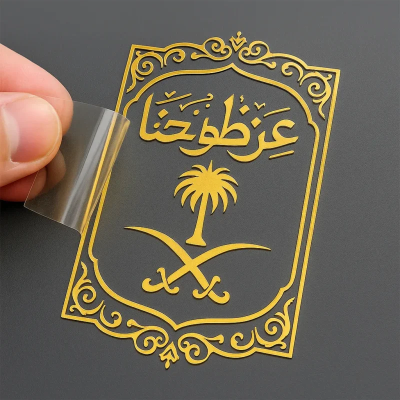 A person holds a paper displaying the Arabic word for Islam, with a metal phone sticker visible in the background.