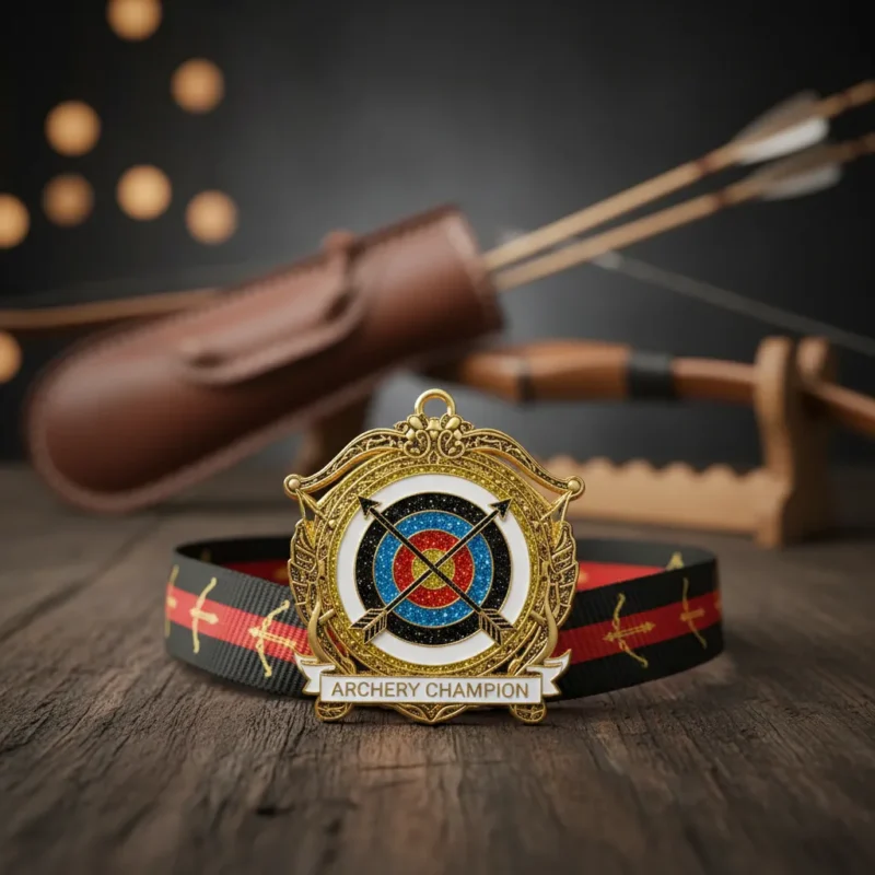 A medal featuring a bow and arrow displayed on a table, representing an archery target award.