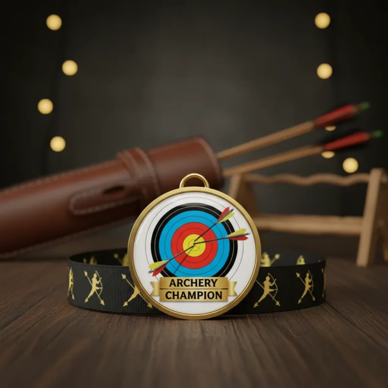 Gold archery champion medal featuring a bow and arrow design, symbolizing excellence in archery target competitions.