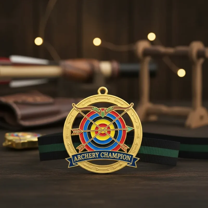 Medal featuring the words "Archery Champion," symbolizing achievement in archery competitions.