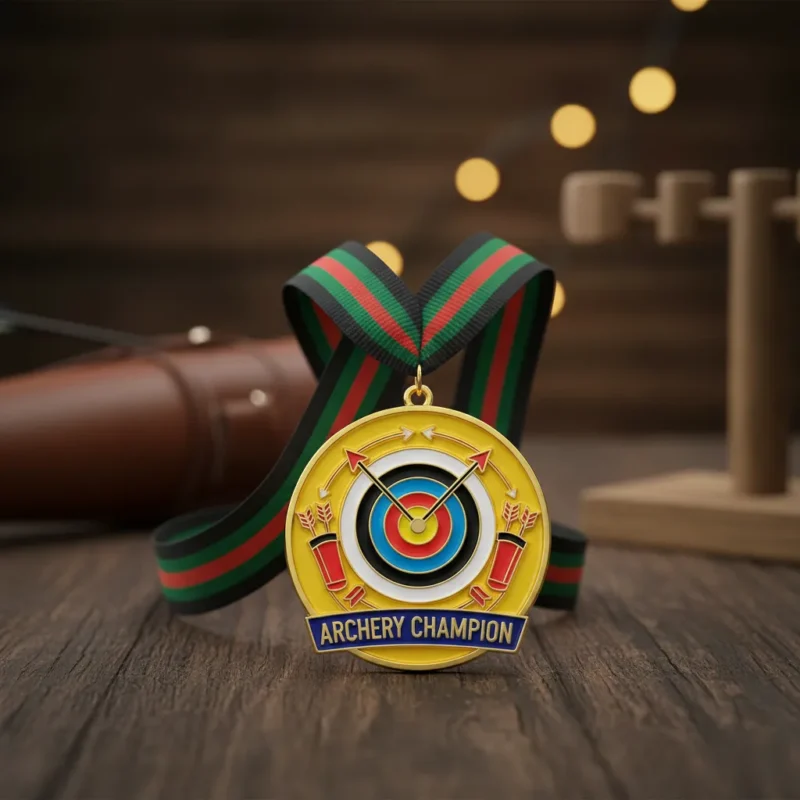 Medal featuring an archery target with an arrow, symbolizing achievement in archery competitions.