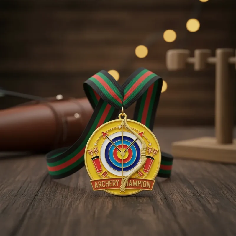 Medal featuring a bow and arrow, representing achievement in archery target competitions.