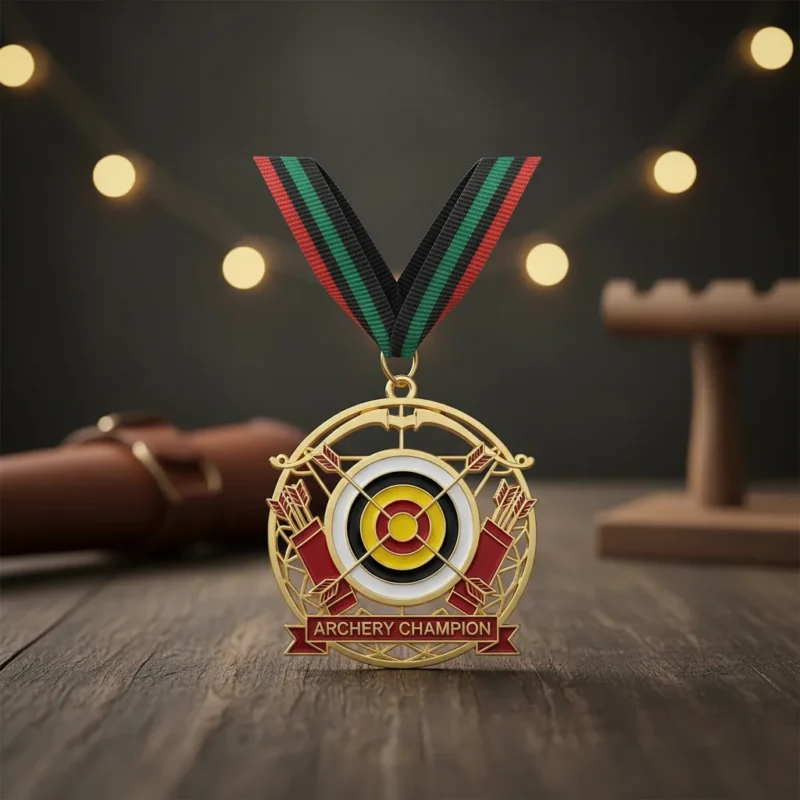 A medal with a red, green, and black ribbon rests on a wooden table, representing an archery target achievement.