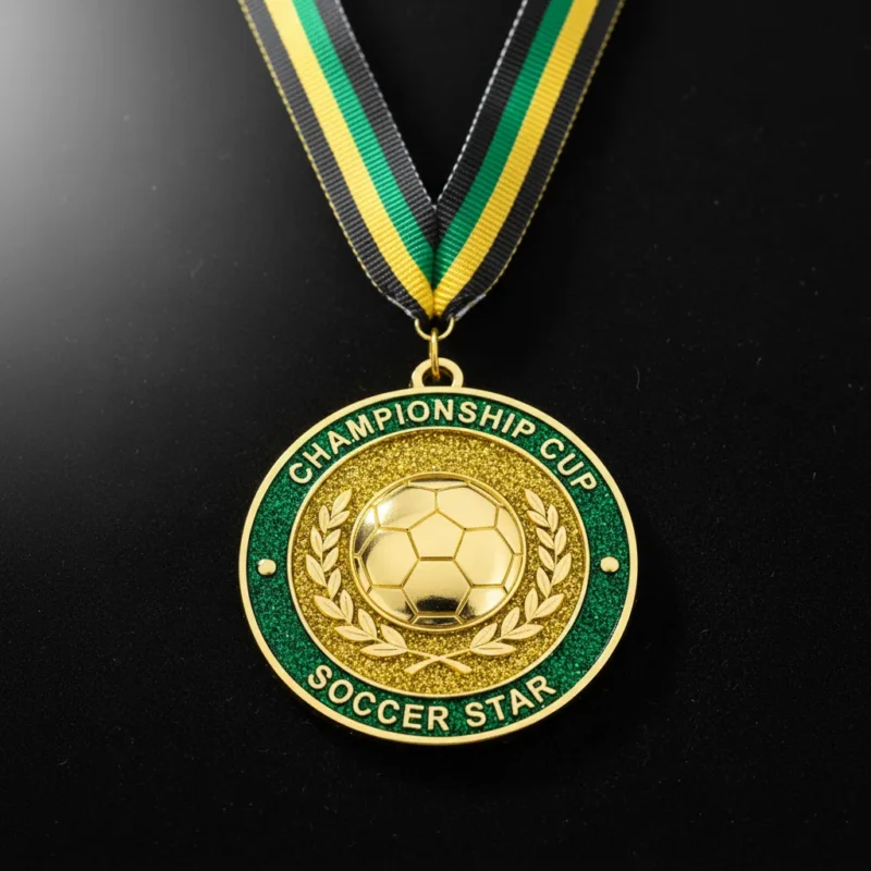 Gold medal featuring a soccer ball design, symbolizing achievement in soccer.