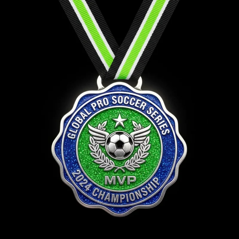 A glittery soccer medal featuring the letters "MVP" prominently displayed on its surface.