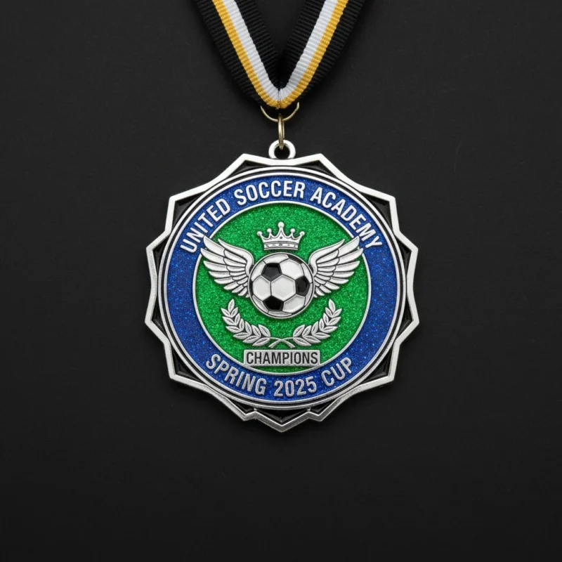 A shiny medal featuring a soccer ball design, symbolizing achievement in soccer.