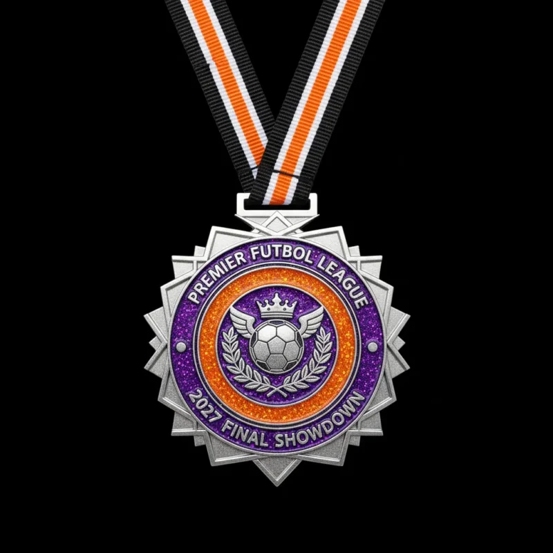 A glittery medal inscribed with "Soccer League," showcasing a soccer-themed design.
