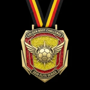 Golden goal challenge medal featuring a glittery soccer design, symbolizing achievement in soccer competitions.