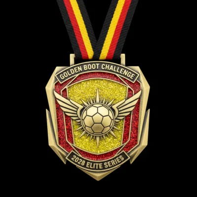 Golden goal challenge medal featuring a glittery soccer design, symbolizing achievement in soccer competitions.