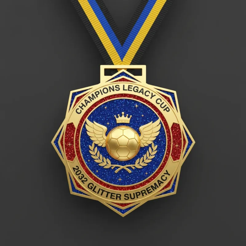 A gold medal featuring a blue and gold design, symbolizing achievement in soccer.