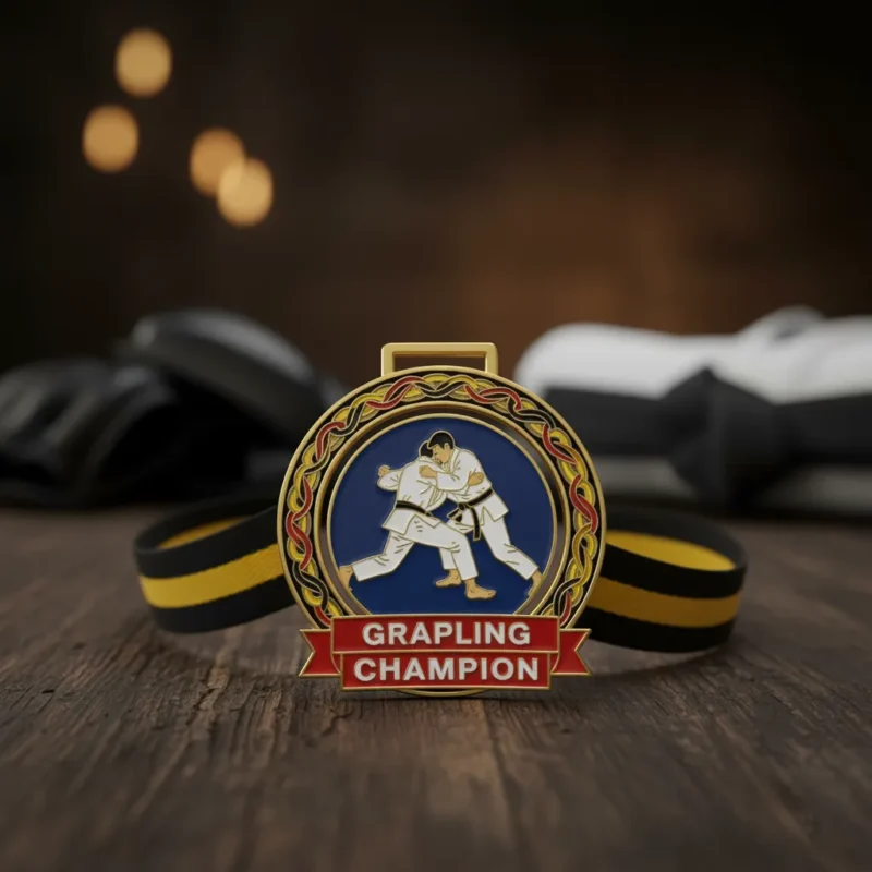 Grappling champion medal resting on a wooden table, showcasing its shiny surface and intricate design.