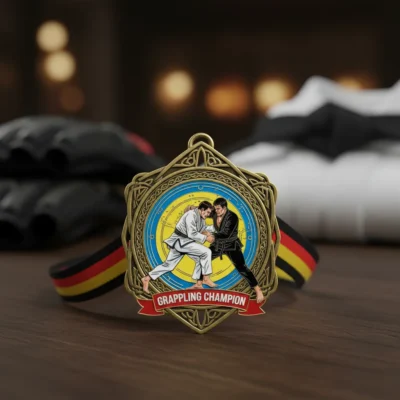 Medal featuring a German flag and a black belt, representing grappling achievements.