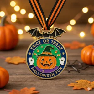 Halloween-themed medal featuring a bat and pumpkin design, perfect for festive celebrations or events.