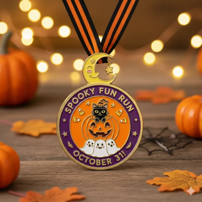 Halloween-themed medal for a spooky fun run, featuring a ghost and pumpkin design.