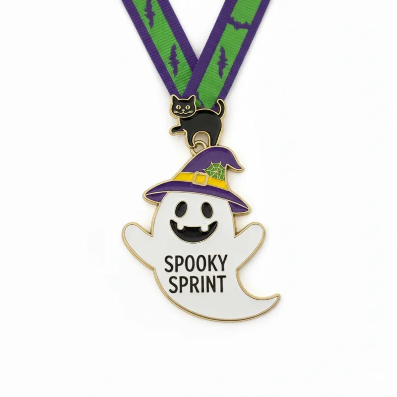 A Halloween-themed medal featuring spooky designs, awarded for completing a sprint event.