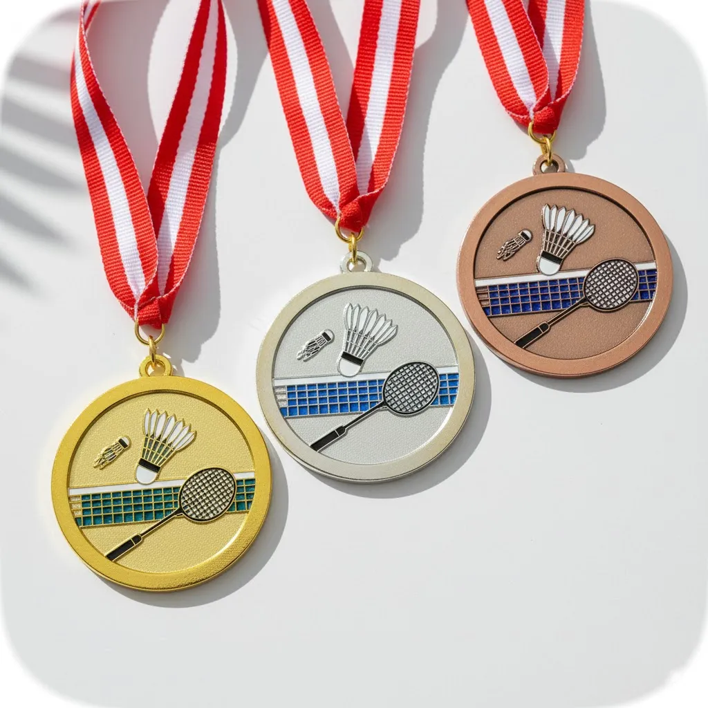 Three badminton medals featuring rackets, symbolizing achievement in the sport.