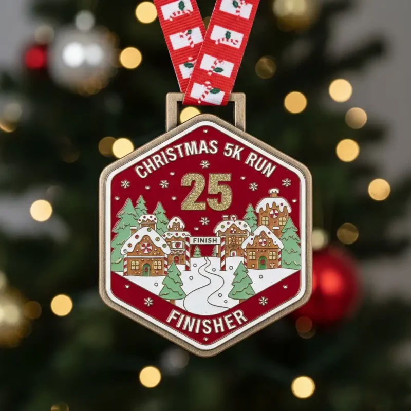 Finisher medal from a Christmas run, showcasing a festive design with holiday motifs and vibrant colors.