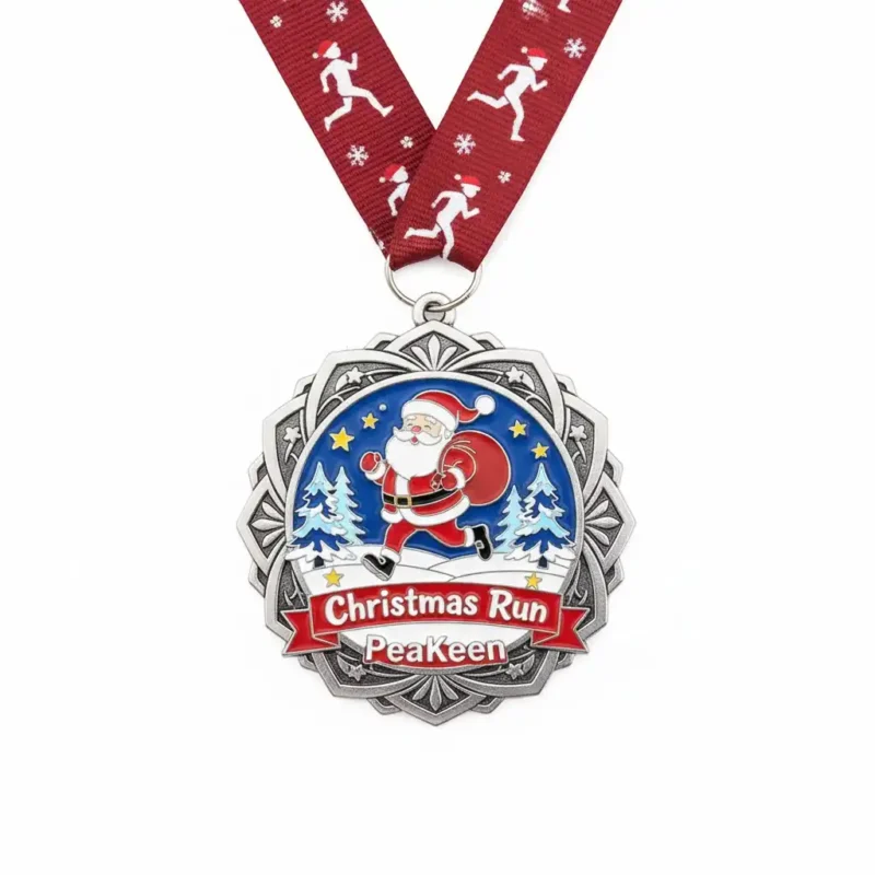 Christmas run medal depicting Santa in a running pose, celebrating festive athletic achievement.
