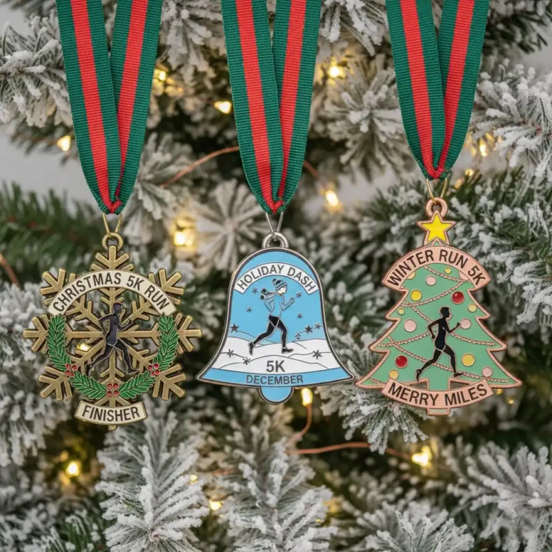 Three colorful Christmas ornaments and a Christmas run medal hanging on a festive tree.