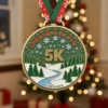 Christmas-themed medal for a 5K run, featuring festive designs and the event name "Christmas in the Woods."