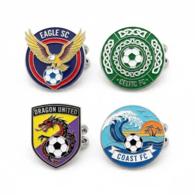 Four soccer team badges featuring the club logo, designed as collectible football club pins.