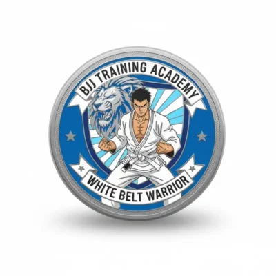 White belt warrior badge representing a beginner's achievement in jiu jitsu.