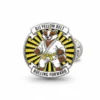 Yellow belt pin featuring a badger and the text "bii yellow belt rolling forward."