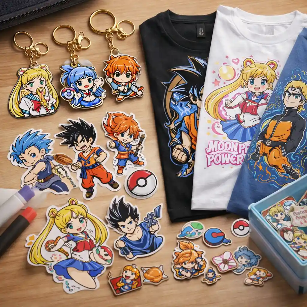 Un colorido muestrario de productos de anime, como pegatinas de personajes, llaveros de esmalte blando y camisetas, dispuestos sobre una mesa en un espacio de trabajo creativo.