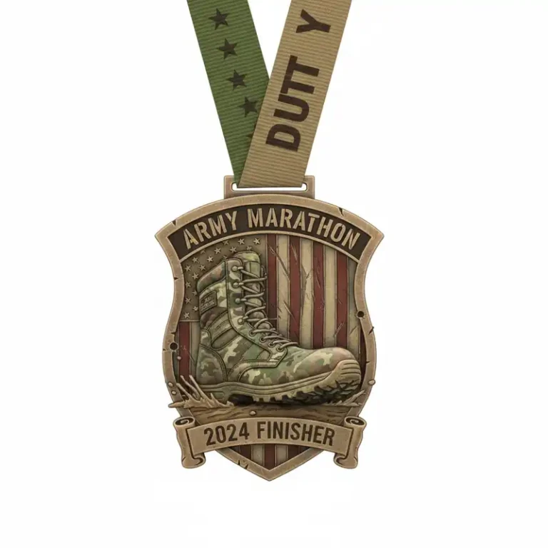 Medalla de maratón del Ejército con emblema militar y cinta, que simboliza el logro en la prueba de carrera del Ejército.