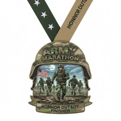 Army marathon medal featuring a soldier and a flag, symbolizing achievement in the Army run event.