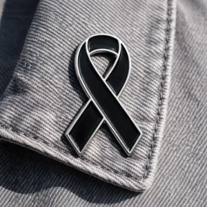 A black awareness ribbon lapel pin with a silver outline, attached to the collar of a gray denim jacket, symbolizing remembrance and support.