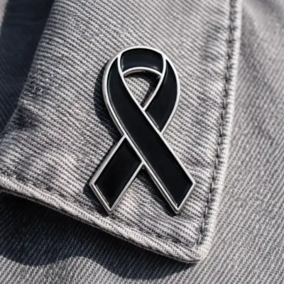 A black awareness ribbon lapel pin with a silver outline, attached to the collar of a gray denim jacket, symbolizing remembrance and support.