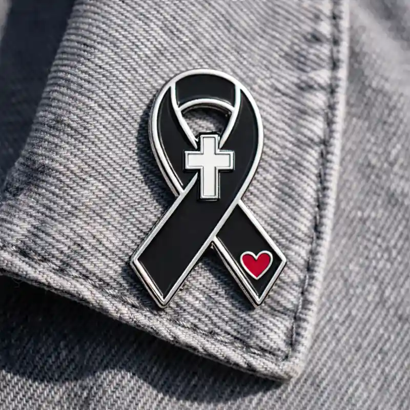 A black ribbon pin featuring a white cross at the top and a red heart near the bottom. The pin is attached to a grey fabric, combining religious and emotional symbols in its design.