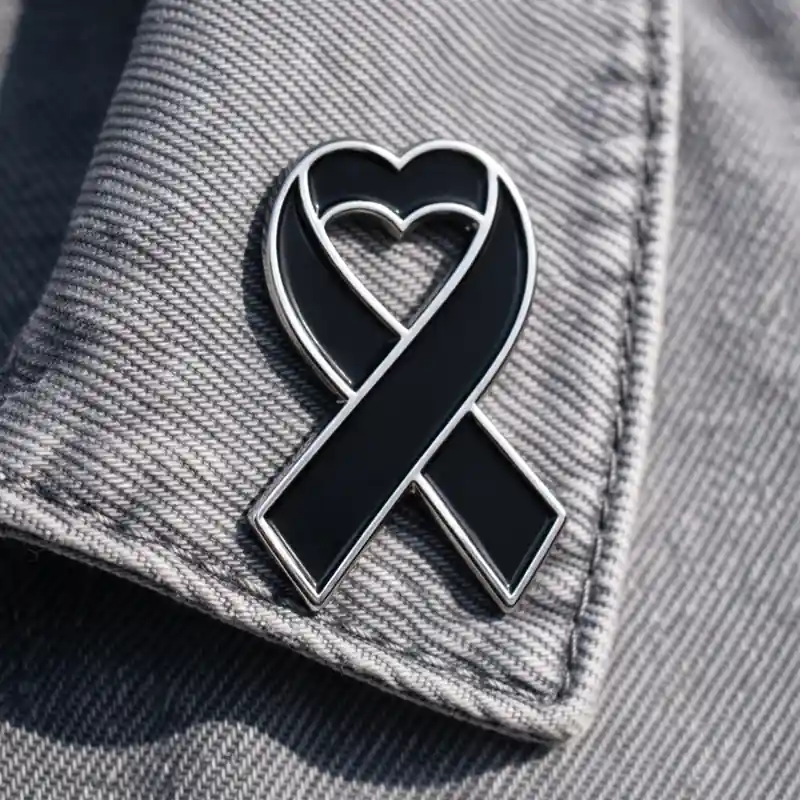 Black ribbon pin featuring a heart shape, symbolizing support and remembrance.
