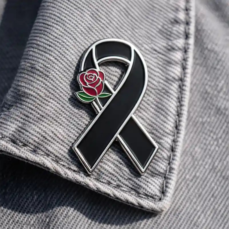 Black ribbon pin adorned with a red rose, symbolizing remembrance and tribute.