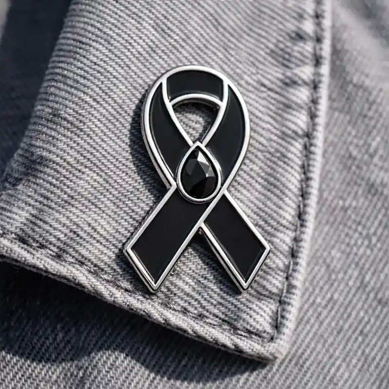 A black ribbon pin with a tear drop-shaped black gemstone at the center, attached to a grey fabric. The design is sleek, featuring a tear-shaped gem that adds elegance to the ribbon.