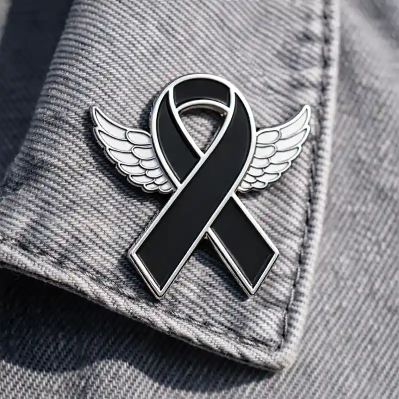 A black ribbon pin with silver wings attached, placed on a denim fabric. The pin symbolizes awareness, with a sleek and modern design.
