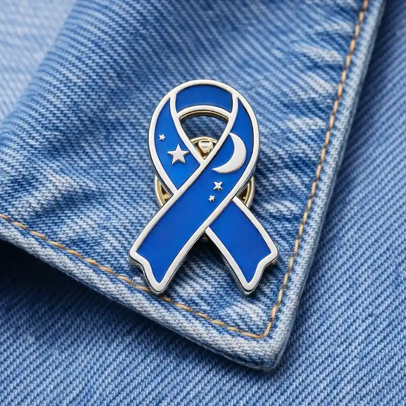 Blue awareness ribbon enamel pin featuring moon and star details, displayed on a denim jacket, symbolizing hope, comfort, and remembrance.