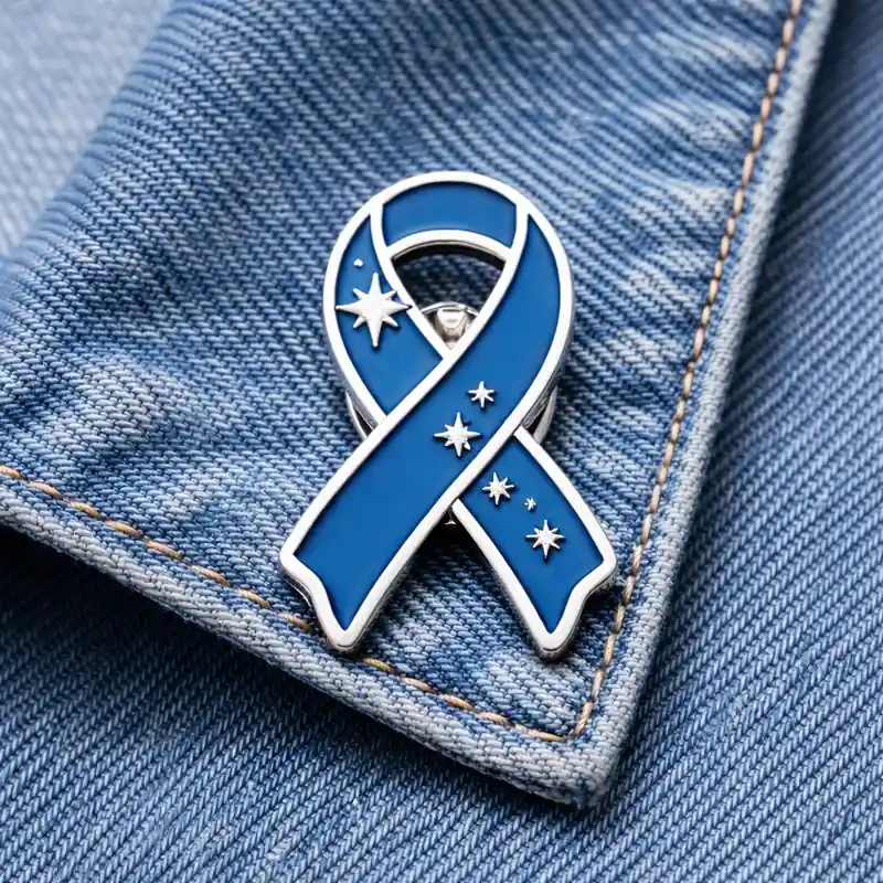 Blue awareness ribbon enamel pin with star accents displayed on a denim jacket, symbolizing support for health awareness and charity causes.
