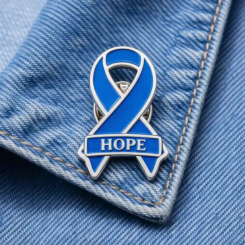 Blue awareness ribbon enamel pin with “HOPE” text displayed on a denim jacket, symbolizing hope, support, and health awareness campaigns.